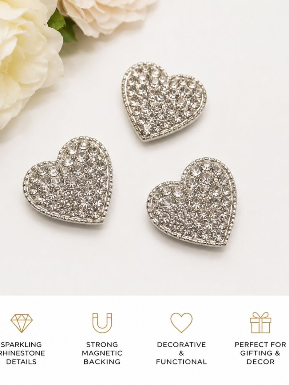 Sparkling Rhinestone Heart Magnets Set of 3 | Silver Crystal Fridge Magnets - Picture 2 of 5